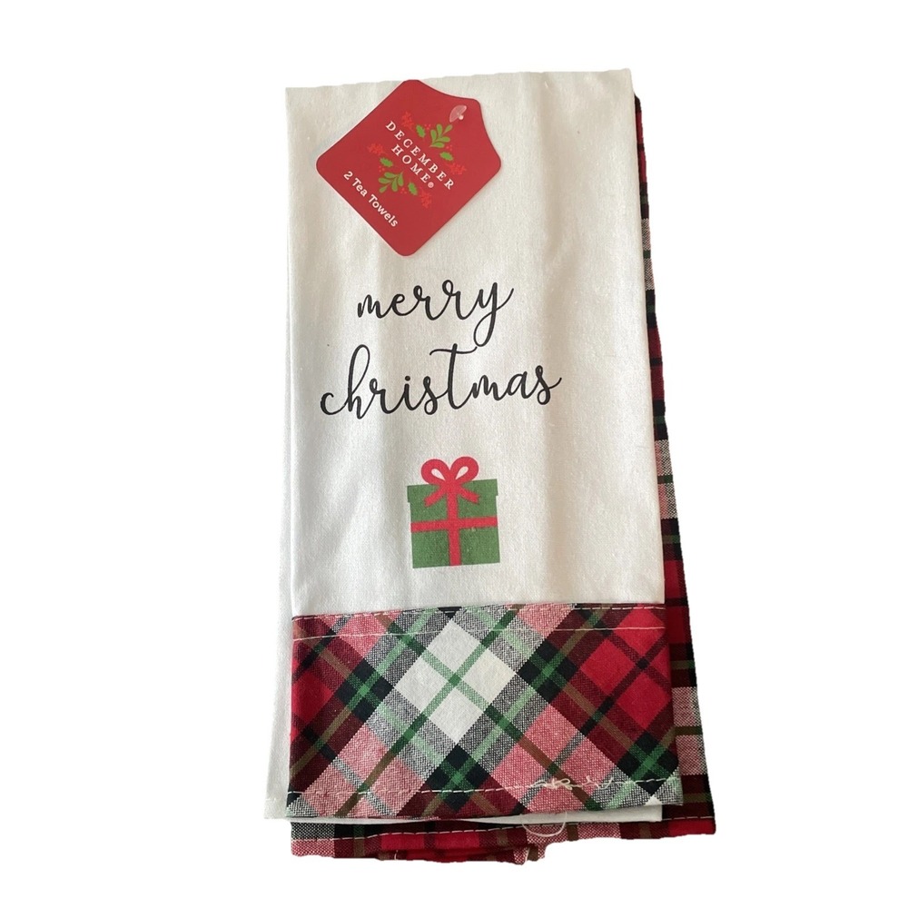 December Home Merry Christmas Tea Towels Plaid 2 Set Adorable Cute Trendy Green